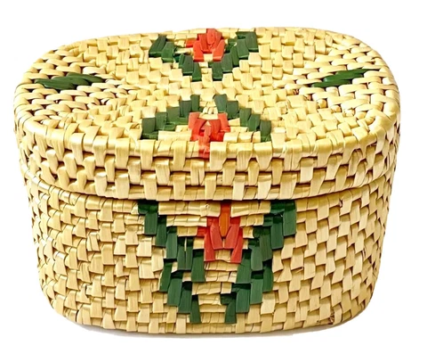 Sweetgrass? Woven Basket Lid Floral Xmas Oval Folk Art Southwest Small Trinket Cover