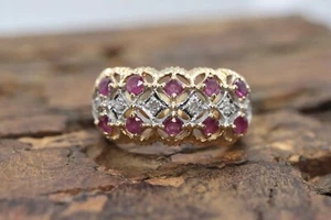 14k Ruby and Diamond Wide Cluster Filigree ring. 14k Yellow Gold and diamond - Picture 1 of 9