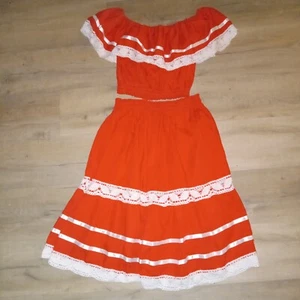 Vintage 70s 2pc. Off The Shoulder Flounce Salsa Dress Cherry Red & White Lace  - Picture 1 of 4