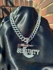 Gold Plated Large Security Cubic Zirconia Iced Pendant, Bling Out Chain Necklace