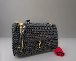 AUTH NWT Rebecca Minkoff Edie Chain-Trimmed Woven Leather Shoulder-Black - Picture 1 of 19
