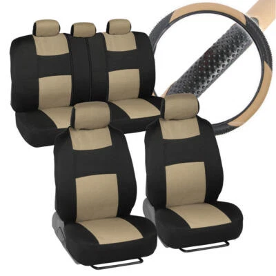 Front & Rear Polyester Car Seat Covers + PU Leather Steering Wheel Cover Beige - Image 1 of 4