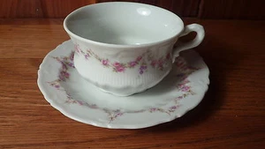 VINTAGE GERMAN PORCELAIN DELICATE TEACUP & SAUCER SET - GARLANDS OF PINK ROSES - Picture 1 of 8