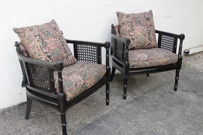 Hollywood Regency Painted Black Caned Livingroom Side Chairs a Pair 5933 - Image 1 of 4