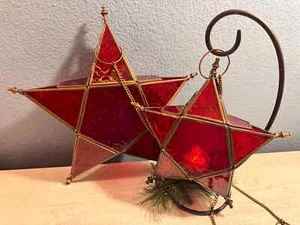 2 Vintage Moroccan Star Style  Red Glass Tea Light Candle Lantern Red Hanging - Picture 1 of 17
