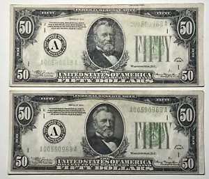 1934 Two 2x50 Fifty Dollar Bills Federal Reserve Notes Boston MA Vintage (A) - Picture 1 of 15