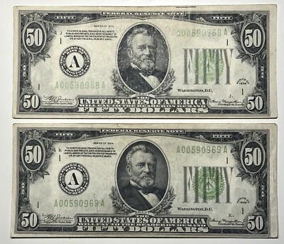 1934 Two 2x50 Fifty Dollar Bills Federal Reserve Notes Boston MA Vintage (A) - Image 1 of 4