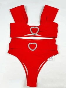 Bikini sexy a vita alta costume da bagno gioiello a fascia rosso con cintina 24 - Picture 1 of 9