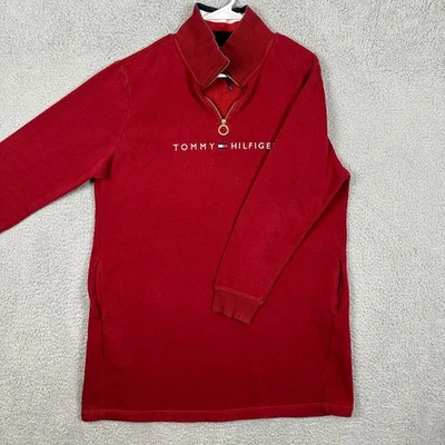 Moletom pulôver feminino Tommy Hilfiger grande forrado de lã vermelha quarto de zíper logotipo - Imagem 1 de 4