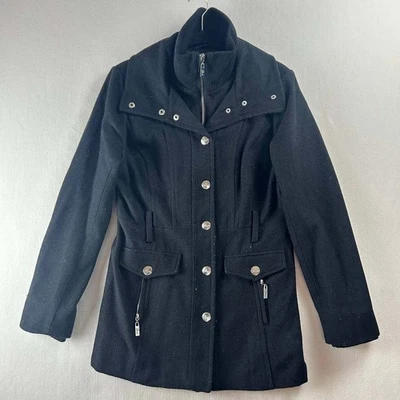 GUESS Women's Black Button Snap Trench Pea Coat Wool Blend Size Medium Lined - Image 1 of 4