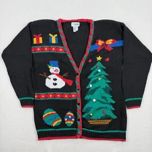 Vintage Christmas Sweater Size XL Black Button Up Cardigan Tree Presents Snowman - Picture 1 of 12