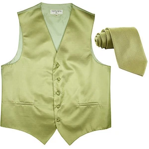 New men's tuxedo vest waistcoat & neck tie horizontal stripes formal sage green - Picture 1 of 3