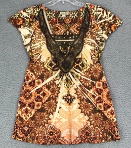 One World Tunic Top Size S Cap Sleeve Lace Accents Boho Brown Geometric - Picture 1 of 11