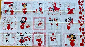 Loralie Harris LADY IN RED Cotton Fabric Panel 15 Blocks RARE Hearts poppy Glam - Picture 1 of 8