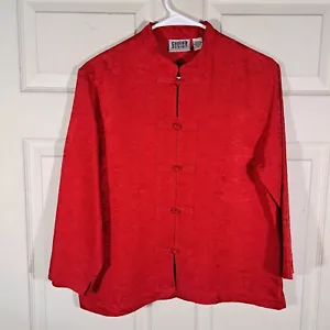 Chico's Design Shirt Size 1 US M /8 Red Short Sleeve Changshan Floral 100% Silk - Picture 1 of 15