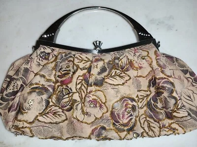 Fabulosa bolsa de mão vintage prata com miçangas e strass floral tapeçaria - Imagem 1 de 4