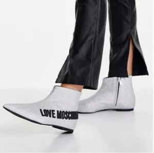 Brand New Women's Sz 38 M Love Moschino Argento  Glitter Pointed Toe Booties - Picture 1 of 6