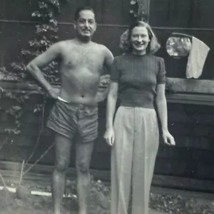 Shirtless Man Shorts With Woman Vintage B&W Photograph Snapshot 2.75 x 3.5 - Picture 1 of 3