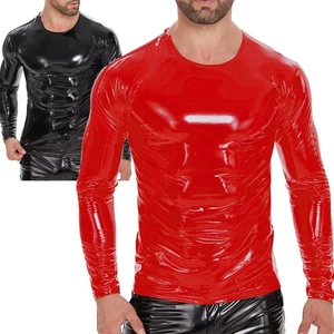 Mens Wetlook PVC Leather Tees Nightclub Latex PU T-shirts Long Sleeve Slim Tops - Picture 1 of 12
