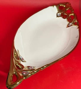 Oblong White Ceramic Tray w/ Gold Trim & Clear Rhinestones, 15.25" Long - Picture 1 of 4