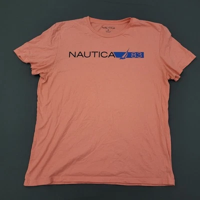 Camisa masculina Nautica XL manga curta gola redonda soletrar malha pulôver rosa laranja - Imagem 1 de 4