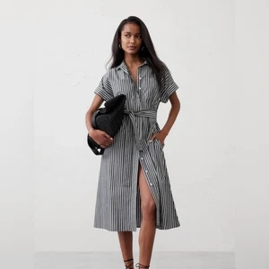 Vestido camisero Banana Republic para mujer S rayas carbón cintura atada midi popelina - Imagen 1 de 12