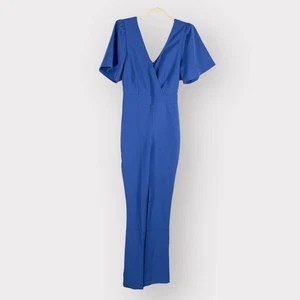 Socialite Deep Surplice Neck Flutter Sleeve Jumpsuit Blue Women's Size Small - Picture 1 of 5