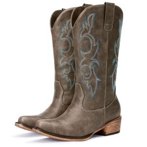 Bottes de cowboy marron foncé pour femme - Bottes cowgirl brodées western mi-cal... - Photo 1/5