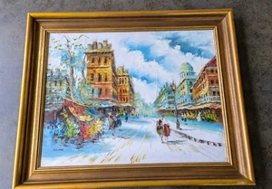 Straßenszene Winter in der Stadt Öl auf Leinwand Holzrahmen antik Renoir Stil - Bild 1 von 7