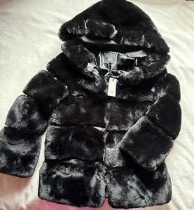 RIVER ISLAND Women’s Black Faux Fur Hooded Coat - UK SIZE XS - NEW WITH TAGS - Picture 1 of 17