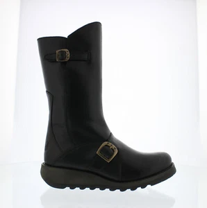 FLY London MES 2 Mujer Negro Media Caña Cuña Cremallera Botas de Piel - Imagen 1 de 8