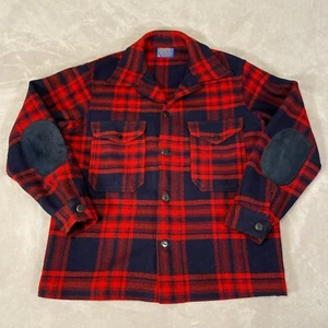 Vintage Pendleton Jacket Men's Large Red Plaid Wool Mackinaw Hunting Elbow Patch - Picture 1 of 14