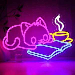 Katze Lesebuch Leuchtreklame für Wanddeko, niedliche Katze LED Schilder für Bibliothek, USA... - Bild 1 von 7