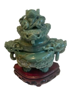 Vintage Chinese Jade Censor, Tripod Dragon Handles and Lid 10" with Custom Stand - Picture 1 of 7