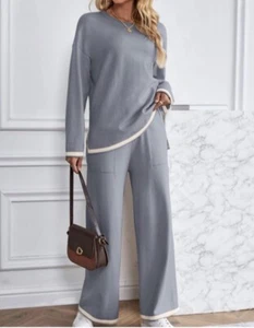 Women Long Sleeve Knit Two Piece Outfits Wide Leg 2XL - Picture 1 of 4