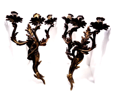 PAIR OF EARLY BRONZE GLO MAR ART WORKS LOUIS XV CANDLE SCONCES, GREAT PATINA Cover