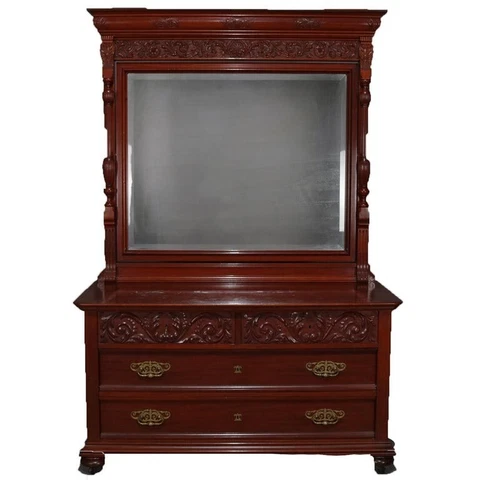 Antique Horner School Carved Mahogany Chest of Drawers and Mirror, circa 1900 Cover