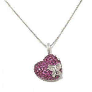 Womens Natural Pink Sapphire, Diamond Butterly on Heart Sterling Silver Necklace - Picture 1 of 2