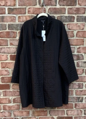 NWT Eileen Fisher Black Quilted Silk Long Jacket with Stand Up Collar 2X - Image 1 of 4