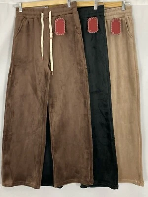Womens Luxurious Soft Velvet Velour Fleeced Wide Leg Joggers Trousers Loungewear - Image 1 of 4