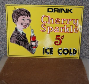 Vintage Drink Cherry Sparkle Soda pop 5c Tin Embossed Sign - Picture 1 of 5