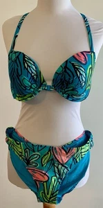 Aerie 36C Underwire Bra & SZ Large Bottom Swimsuit Two Piece Blue Floral Bikini - Picture 1 of 4