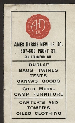 ILLUST. AD COVER AMES HARRIS NEVILLE CO. BURLAP BAGS cds SAN FRAN.1909 FERRY STA - Image 1 of 4