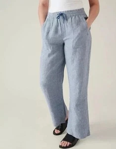 Athleta Retreat Linen Wide Leg Pant Blue Chambray Zippered Pockets Size 14T NWOT - Picture 1 of 12
