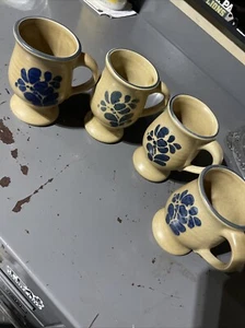 Vintage Pfaltzgraff Folk Art Footed Pedestal Stoneware Coffee Mug 5" Set Of 4 - Picture 1 of 9