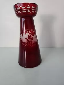 HYACINTH VASE RUBY RED WITH CUT TO CLEAR LEAFY DESIGN PONTIL BASE. - Picture 1 of 13