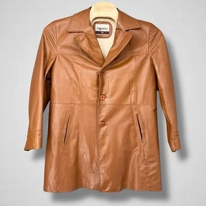 Cresco Vintage Tan Leather Button-Front Coat Classic Mid-Length Size 44 - Imagen 1 de 14