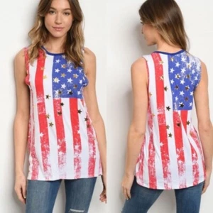 American Flag Tank Red White Blue Metallic Gold Stars Made In U.S.A Size Medium - Picture 1 of 9