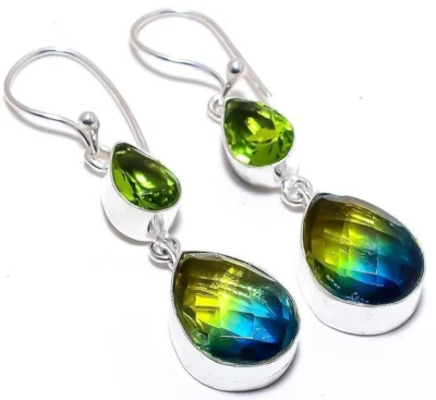 Bi-Color Tourmaline Gemstone 925 Sterling Silver Handmade Jewelry Earrings 1.90" - Image 1 of 4