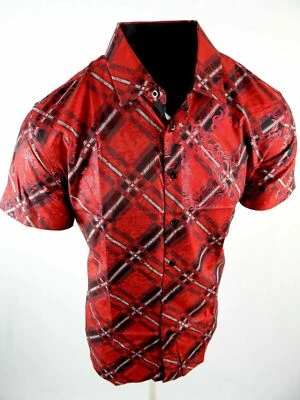 Mens Short Sleeve Shirt Red Plaid Metallic Paisley Overlay Stretch Button Up - Image 1 of 4